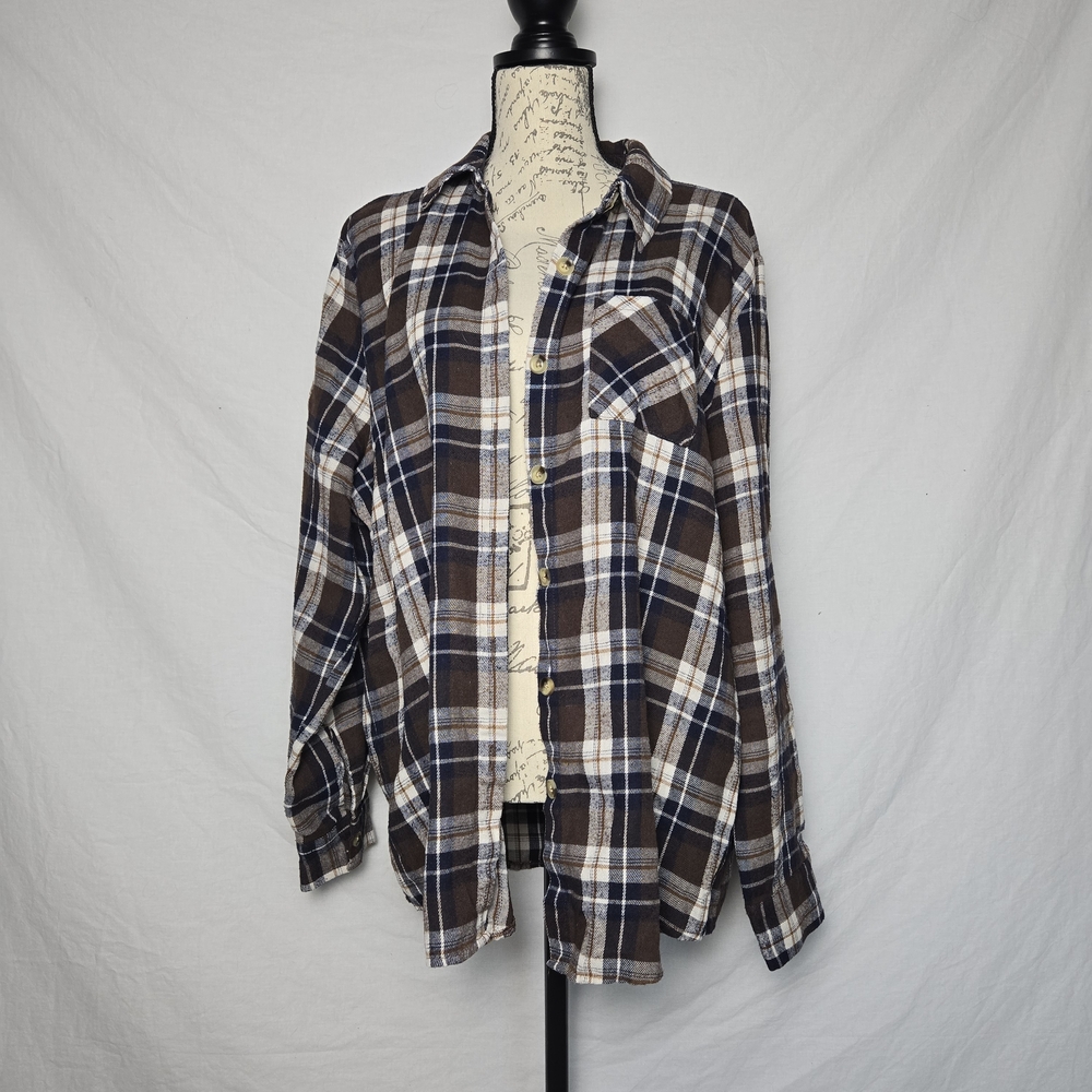 Plaid Flannel Button Down Shirt Brown Blue Cream - Size 2XL